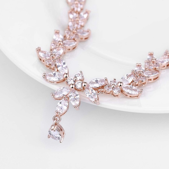 Crystal Necklace & Earrings Bridal Set | Rose Gold Cubic Zirconia Jewelry - Picture 2 of 5